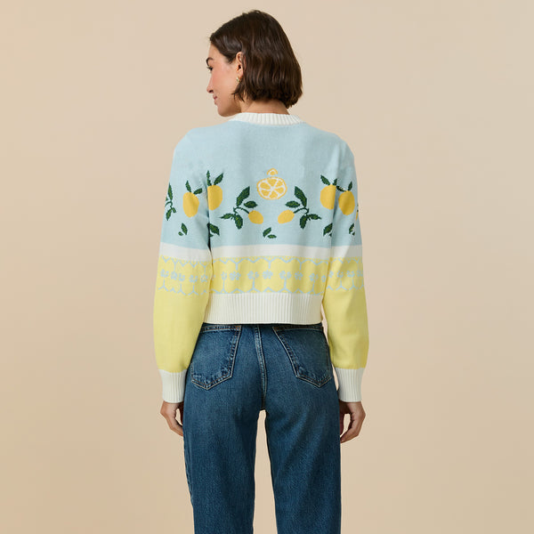 Rowing Blazers Women's Cotton Fairisle Lemon Cropped Cardigan Blue