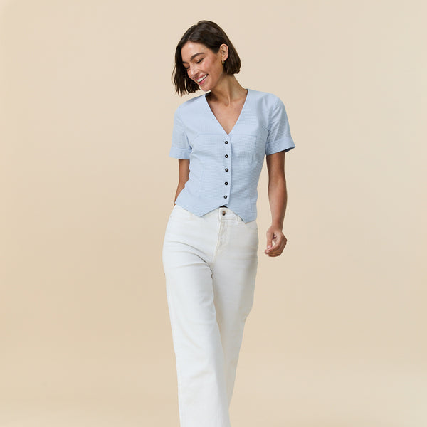 Rowing Blazers Women's Cotton Gingham Buckle Back Top Blue/White Gingham