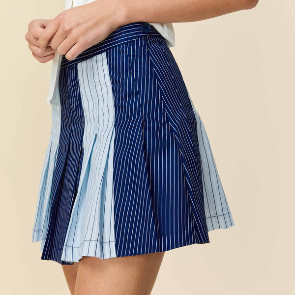 Rowing Blazers Women's Cotton Pleated Mini Skirt Blue Mixed Pinstripe