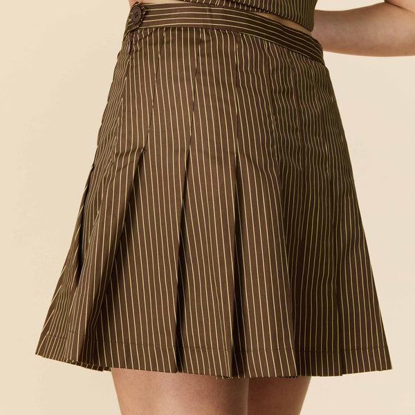 Rowing Blazers Women's Cotton Pleated Mini Skirt Brown And Butter Yellow Pinstripe