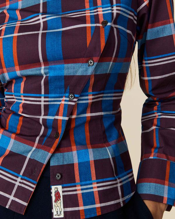 Rowing Blazers Women's Cotton Poplin Plaid Asymmetrical Button Down Blue Brown Plaid