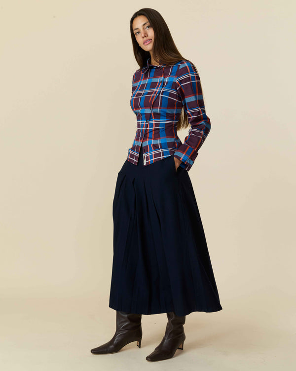 Rowing Blazers Women's Cotton Poplin Plaid Asymmetrical Button Down Blue Brown Plaid