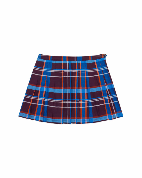 Rowing Blazers Women's Cotton Poplin Pleated Plaid Skirt Blue Brown Plaid