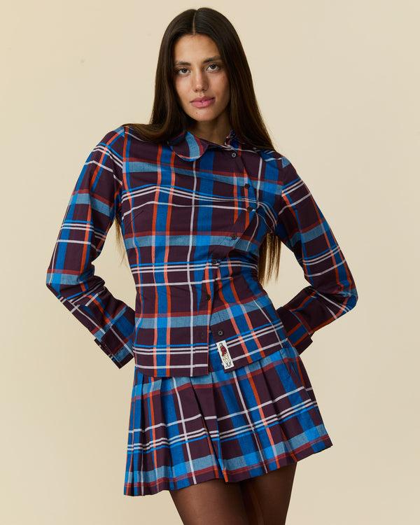Rowing Blazers Women's Cotton Poplin Pleated Plaid Skirt Blue Brown Plaid