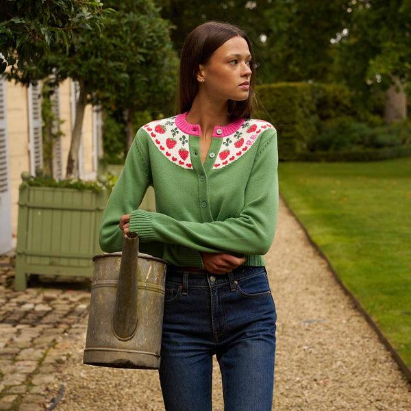 Rowing Blazers Women's Cotton Strawberry Fairisle Cropped Cardigan Green