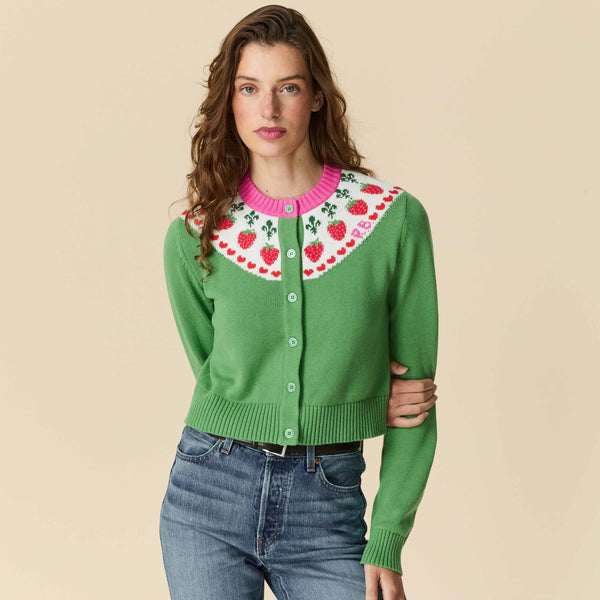 Rowing Blazers Women's Cotton Strawberry Fairisle Cropped Cardigan Green