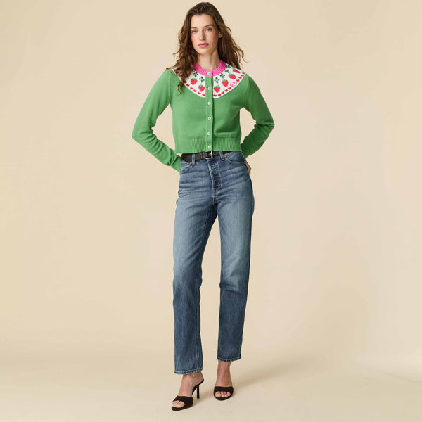 Rowing Blazers Women's Cotton Strawberry Fairisle Cropped Cardigan Green