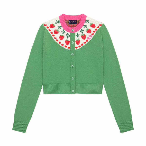 rowing blazers Women's Cotton Strawberry Fairisle Cropped Cardigan Green