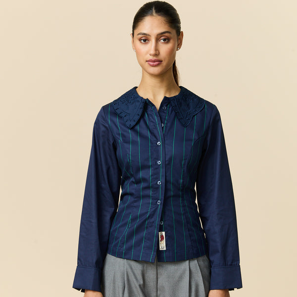 Rowing Blazers Women's Fitted Lace Collar Button Down Shirt Navy