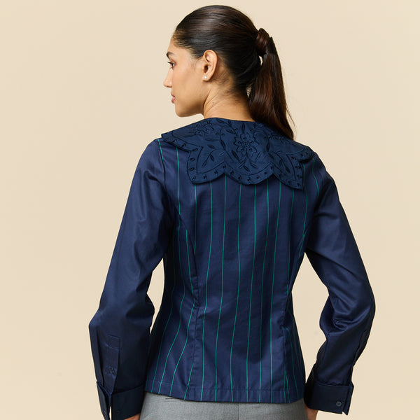 Rowing Blazers Women's Fitted Lace Collar Button Down Shirt Navy