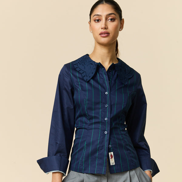 Rowing Blazers Women's Fitted Lace Collar Button Down Shirt Navy