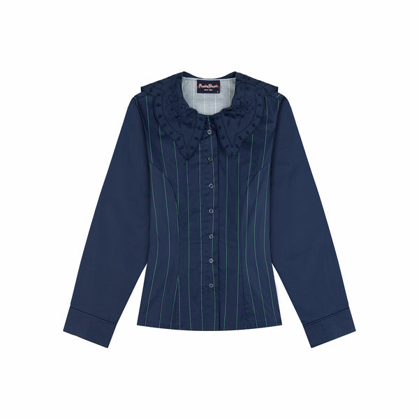 rowing blazers Women's Fitted Lace Collar Button Down Shirt Navy