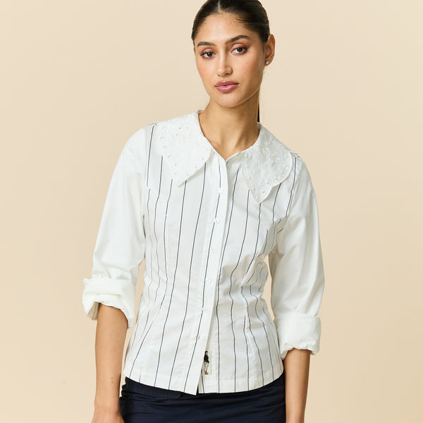 Rowing Blazers Women's Fitted Lace Collar Button Down Shirt White