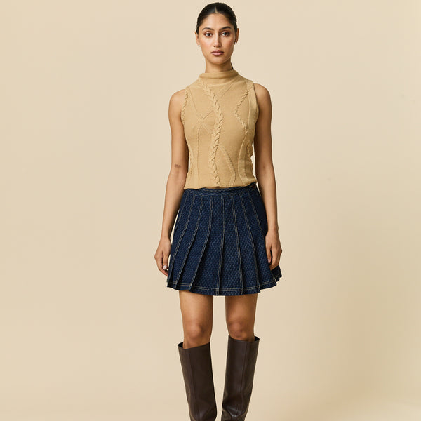 Rowing Blazers Women's Indigo Jacquard Denim Pleated Skirt Navy