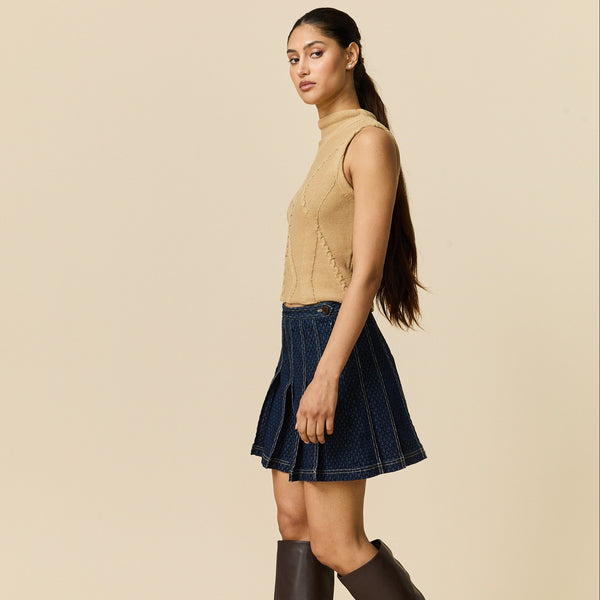 Rowing Blazers Women's Indigo Jacquard Denim Pleated Skirt Navy