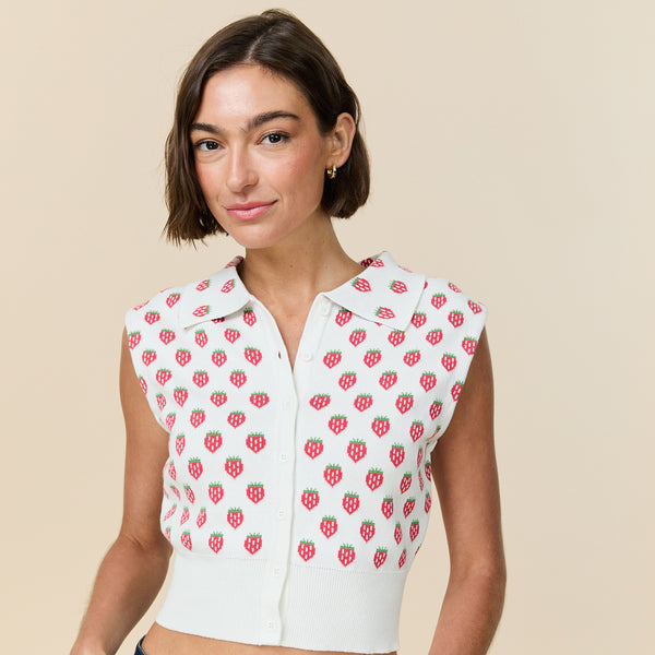 Rowing Blazers Women's Knit Collared Button Up Tank Strawberry