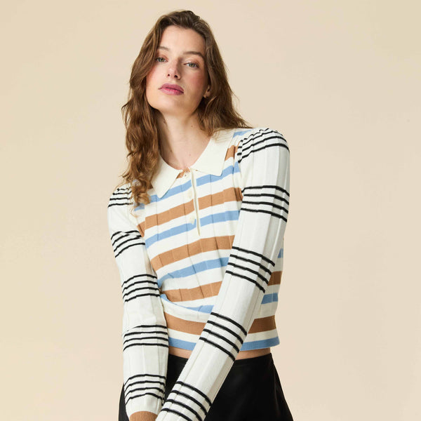 Rowing Blazers Women's Knit Jacquard Stripe Long Sleeve Polo Beige Blue Stripe