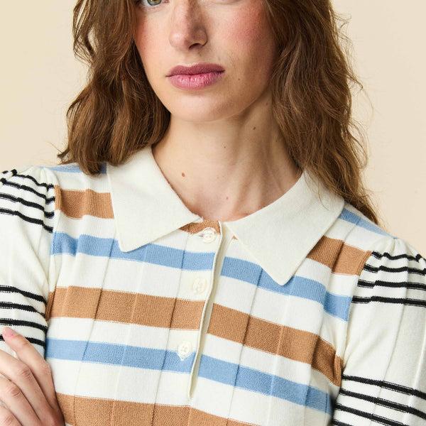Rowing Blazers Women's Knit Jacquard Stripe Long Sleeve Polo Beige Blue Stripe