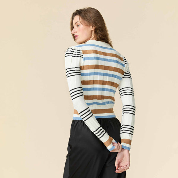 Rowing Blazers Women's Knit Jacquard Stripe Long Sleeve Polo Beige Blue Stripe