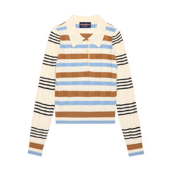rowing blazers Women's Knit Jacquard Stripe Long Sleeve Polo Beige Blue Stripe