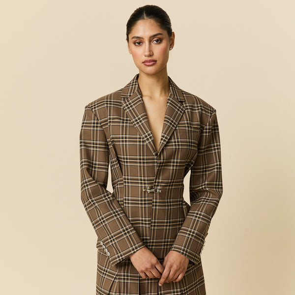 Rowing Blazers Women's Plaid Pleated Blazer Brown Plaid