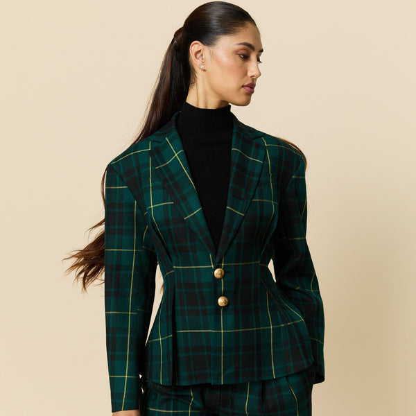 Rowing Blazers Women's Pleated Plaid Tartan Blazer Gordon Modern