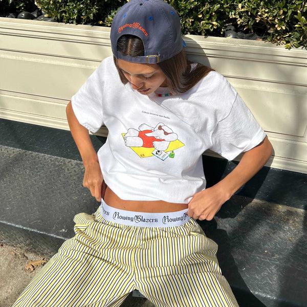 Rowing Blazers Women's Poplin Stripe Boxer Pull-On Pant Yellow Vertical Stripe