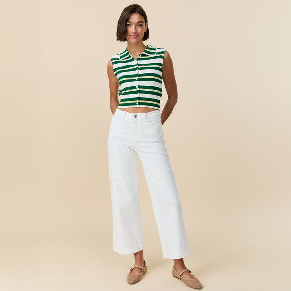 Rowing Blazers Women's Striped Knit Collared Button Up Tank Green Yellow