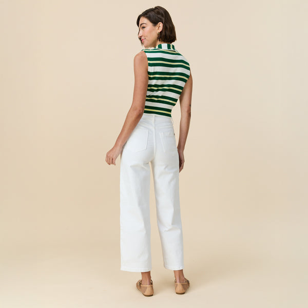 Rowing Blazers Women's Striped Knit Collared Button Up Tank Green Yellow