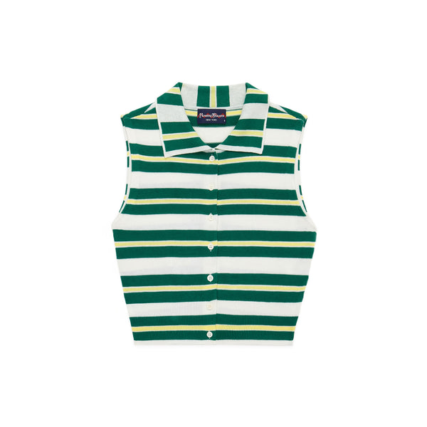 rowing blazers Women's Striped Knit Collared Button Up Tank Green Yellow