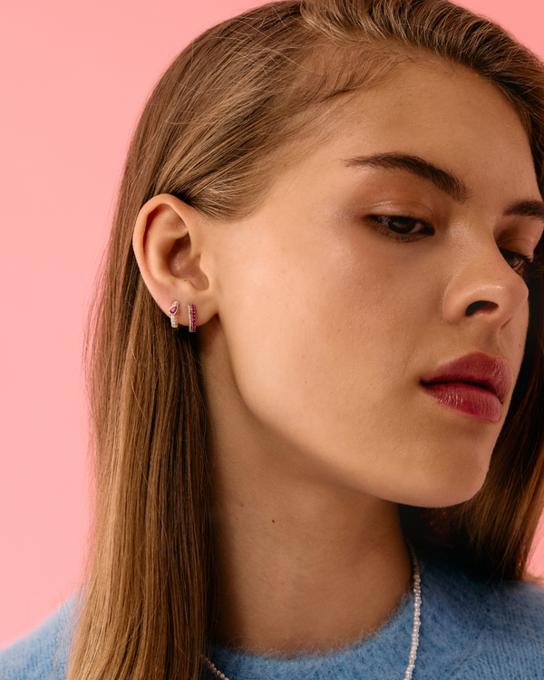 Roxanne First Double Diamond & Pink Sapphire Row Hoop Earring