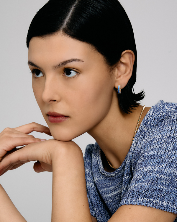 Roxanne First Triple Diamond & Blue Sapphire Row Hoop Earring