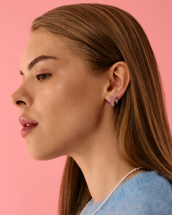 Roxanne First Triple Diamond & Pink Sapphire Row Hoop Earring