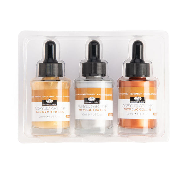 Royal And Langnickel INK-SET3 | Essentials™ 3pc Metallic Colors Acrylic Art Ink Bottles