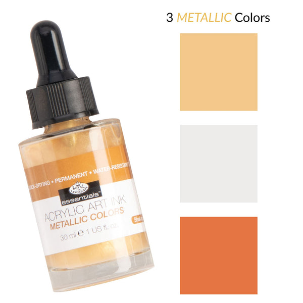 Royal And Langnickel INK-SET3 | Essentials™ 3pc Metallic Colors Acrylic Art Ink Bottles
