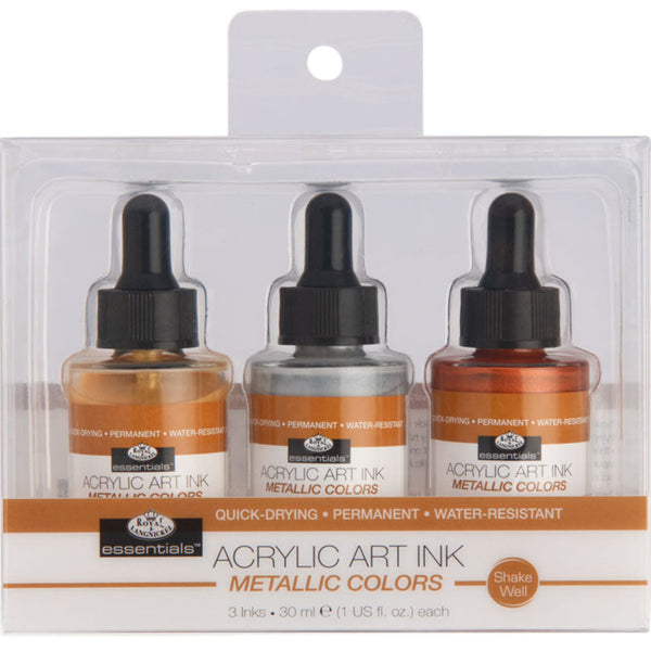 royal and langnickel INK-SET3 | Essentials™ 3pc Metallic Colors Acrylic Art Ink Bottles