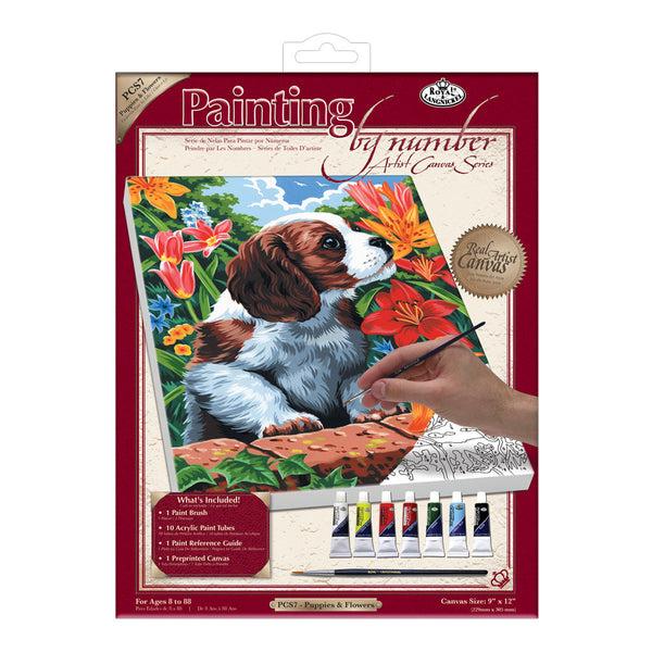 royal and langnickel PCS7 | Painting by numbers™ 10pc 9" x 12" Puppy & Flowers Canvas Painting Project