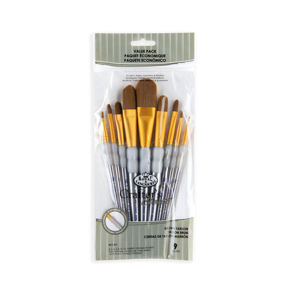 royal and langnickel RCC 311 | Crafter's Choice™ 9pc Brown Taklon Filbert/Wash Brush Set