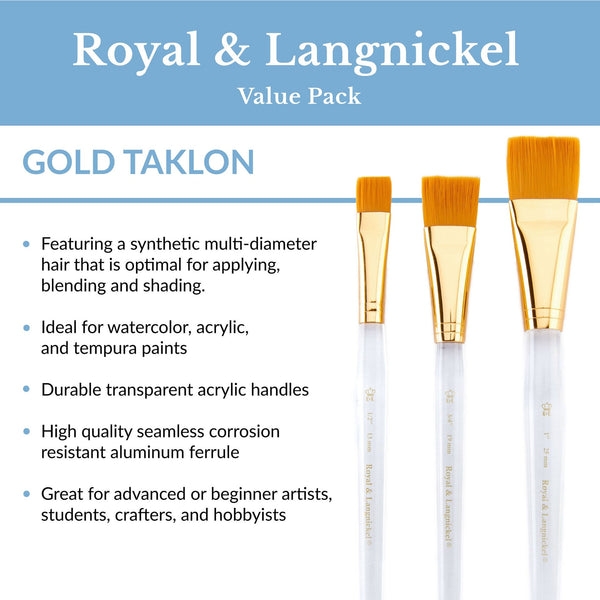 Royal And Langnickel RSET-9160 | 3pc Golden Taklon Wash Brush Set