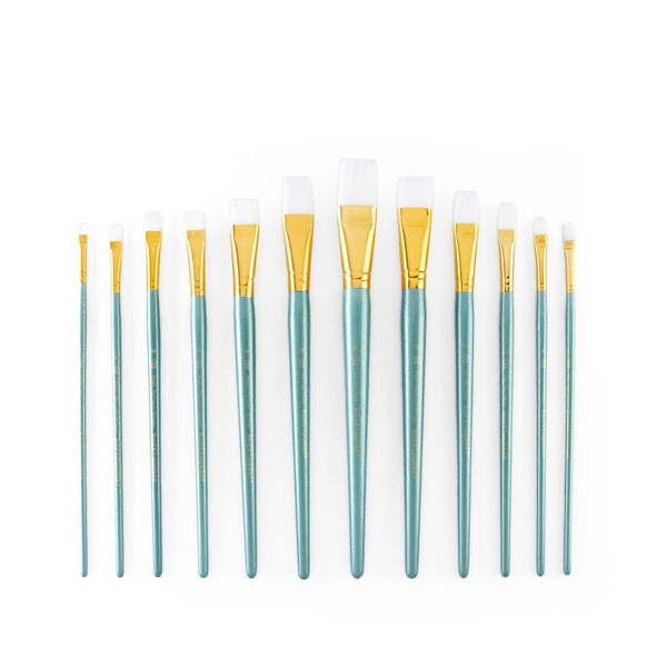 Royal And Langnickel RSET-9309 | 12pc White Taklon Long Handle Bright/Flat Brush Set