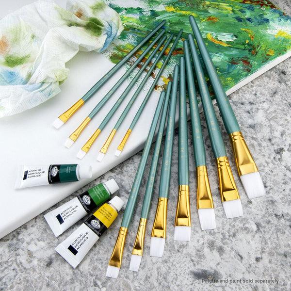 Royal And Langnickel RSET-9309 | 12pc White Taklon Long Handle Bright/Flat Brush Set