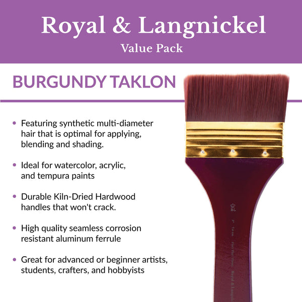 Royal And Langnickel RSET-9353 | 3pc Burgundy Taklon Flat Large Area Brush Set