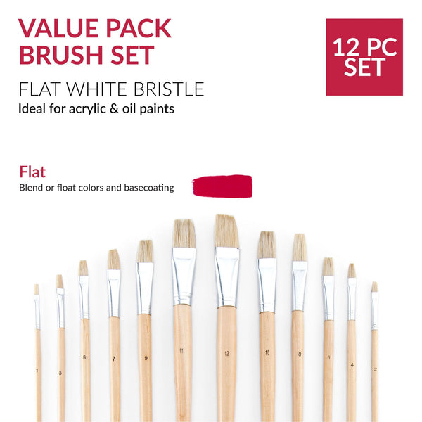 Royal And Langnickel RSET-9601 | 12pc White Bristle Long Handle Flat Brush Set