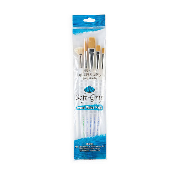 royal and langnickel SG503 | Soft-Grip™ 5pc Long Handle Golden Taklon/Bristle Variety Brush Set