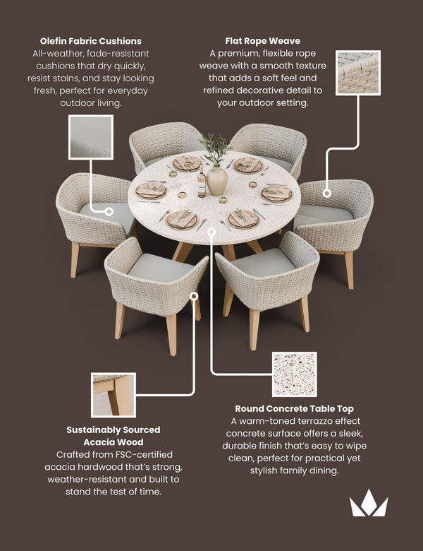 Royalcraft Astral 6 Seater Round Terrazzo Concrete Dining Set With Eden Dusk Dini