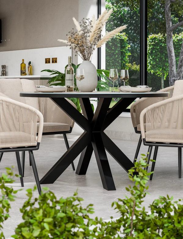 Royalcraft Bali 4 Seater Round Ceramic Glass Dining Set With Bali Rope Chairs