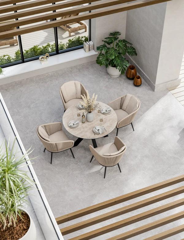 royalcraft Bali 4 Seater Round Ceramic Glass Dining Set with Bali Rope Chairs