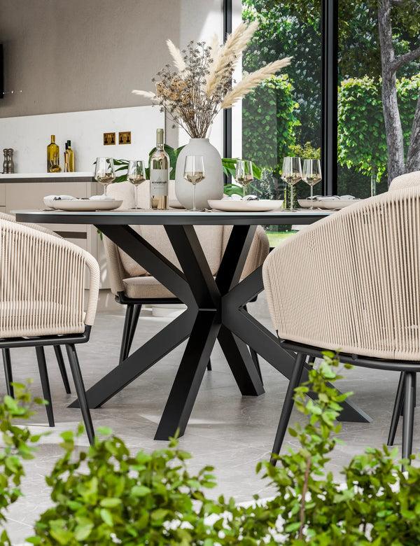 Royalcraft Bali 6 Seater Round Ceramic Glass Dining Set With Bali Rope Chairs