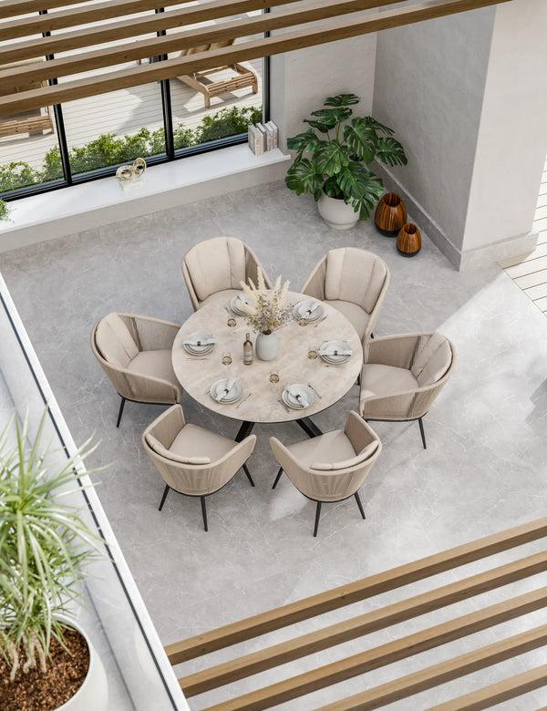 royalcraft Bali 6 Seater Round Ceramic Glass Dining Set with Bali Rope Chairs