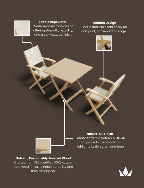 Royalcraft London 2 Seater Square Folding Bistro Set With London Rope Folding Arm